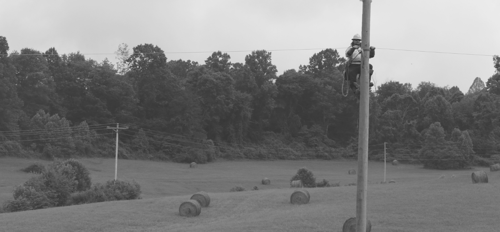 black and white photo of a line worker